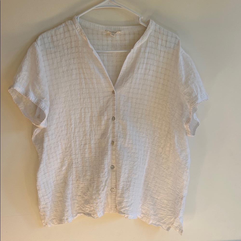 Eileen Fisher White Blouse Short Sleeve Button Up Cotton Lightweight Large